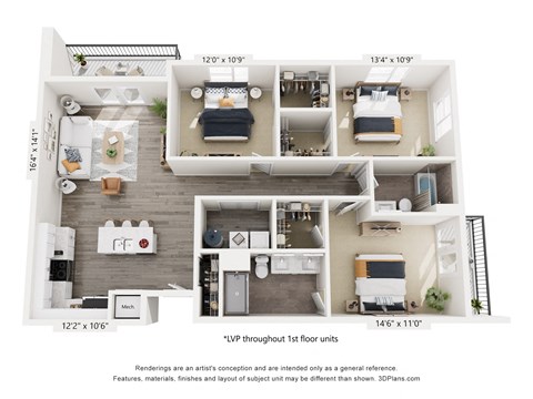Floor plan for 3 beds, 2 baths, 1387 sqft